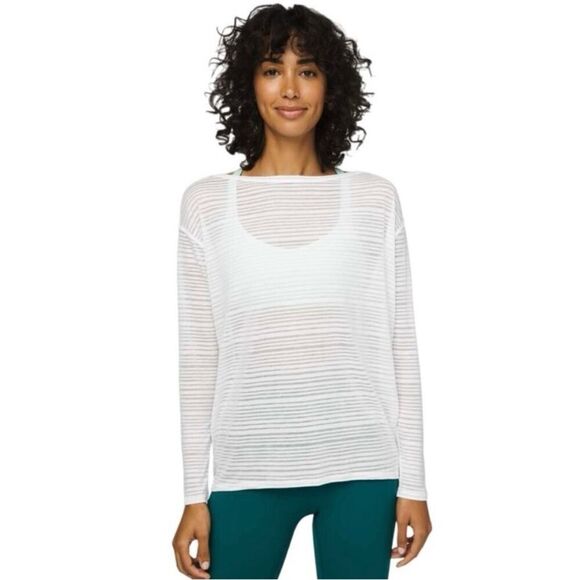 Lululemon Back in Action White Stripe Crewneck Lightweight 4 Sheer - Picture 1 of 8